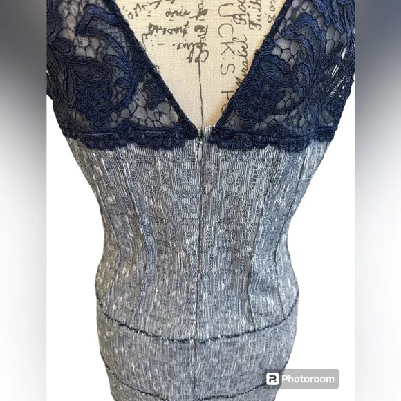 Kay Unger Sheath Dress Navy Blue Lace and Pewter Tweed Womens Size 12 - Picture 5 of 16
